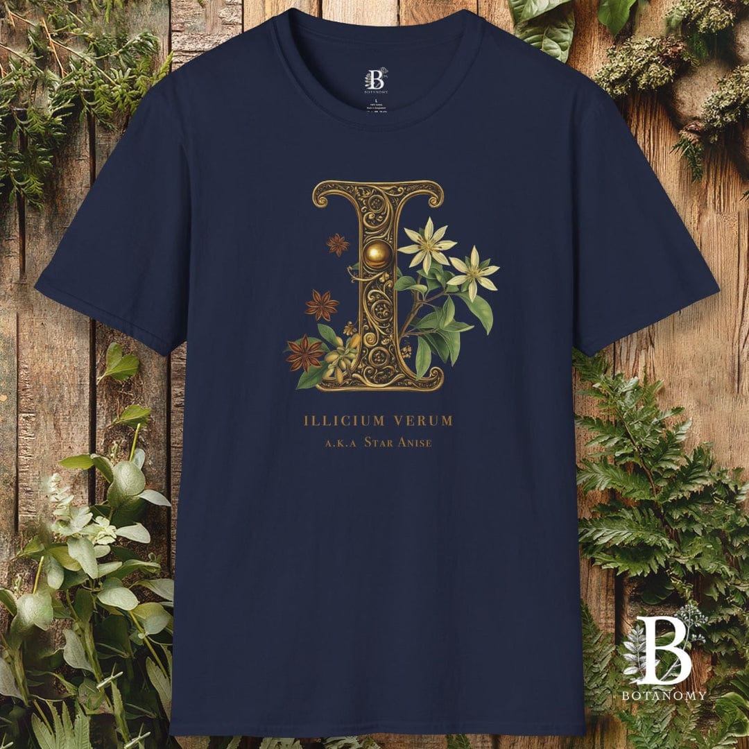 Navy blue t-shirt with decorative letter 'I' design on a wooden background