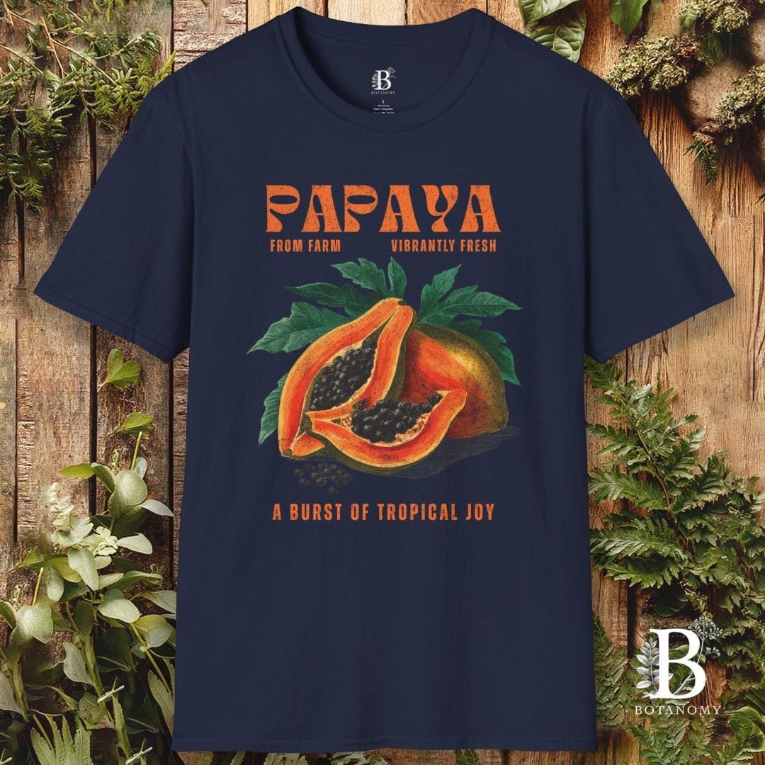Navy blue t-shirt with papaya graphic and text on a wooden background