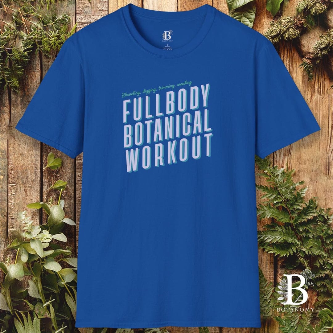 Blue t-shirt with 'Fullbody Botanical Workout' text on a wooden background with plants