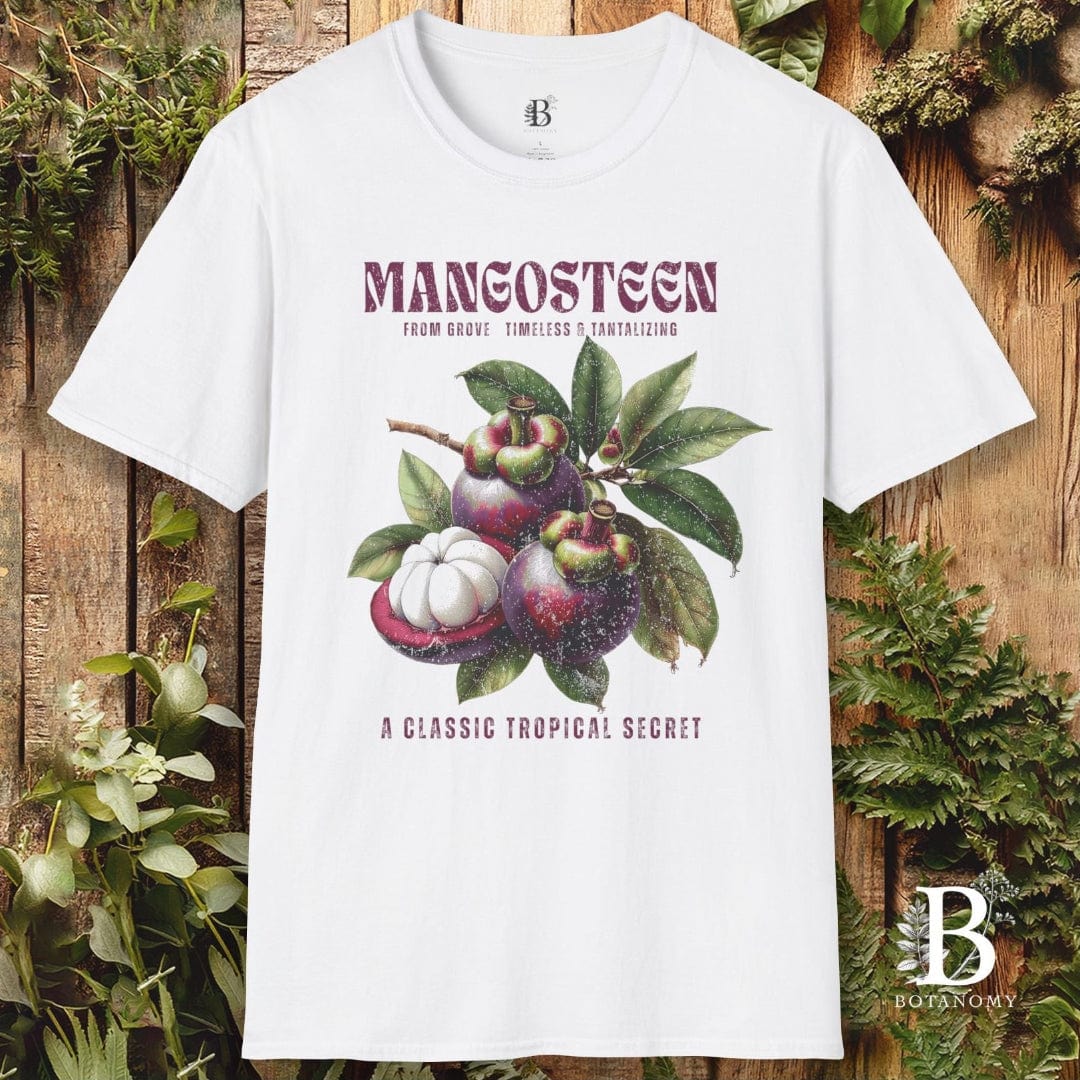 White t-shirt with mangosteen graphic and text on a wooden background