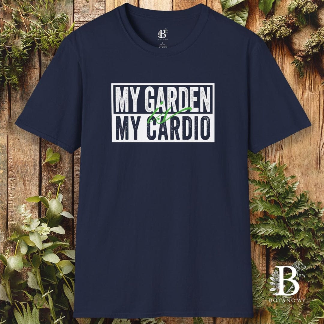 Navy blue t-shirt with 'My Garden My Cardio' text on a wooden background with plants.