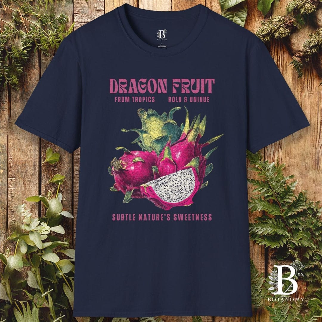 Navy blue t-shirt with dragon fruit graphic and text on a wooden background