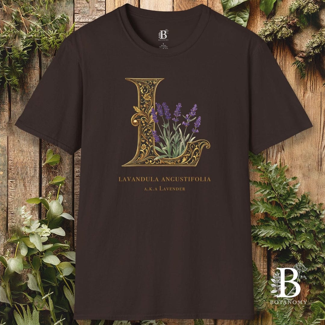 Brown t-shirt with decorative 'L' and lavender design on a wooden background