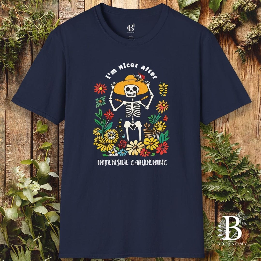 Navy blue t-shirt with a colorful skeleton design and text on a wooden background