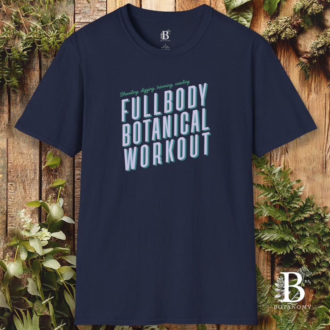 Navy blue t-shirt with 'Fullbody Botanical Workout' text on a wooden background with plants.