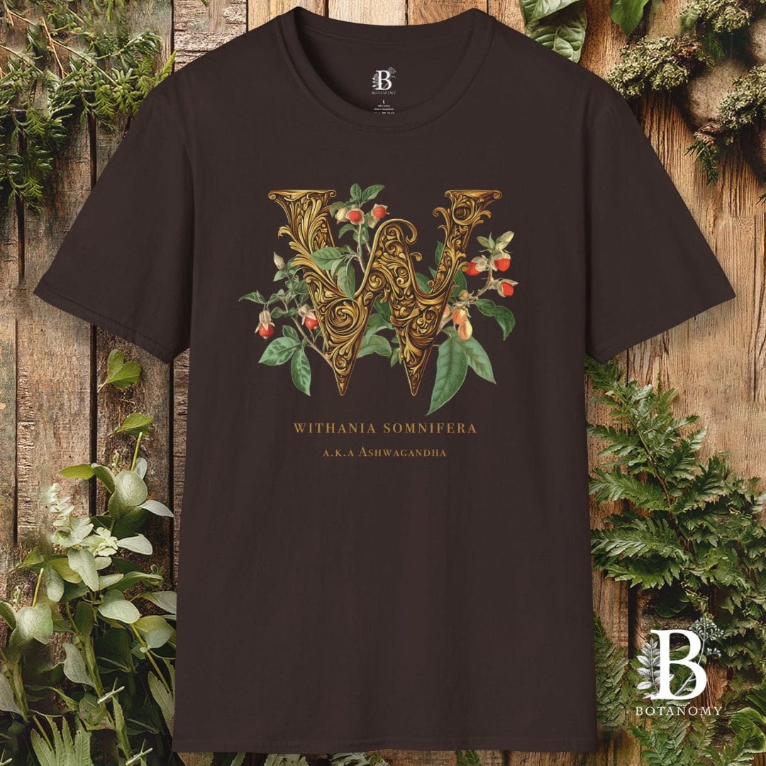 Black t-shirt with decorative letter 'W' design on a wooden background