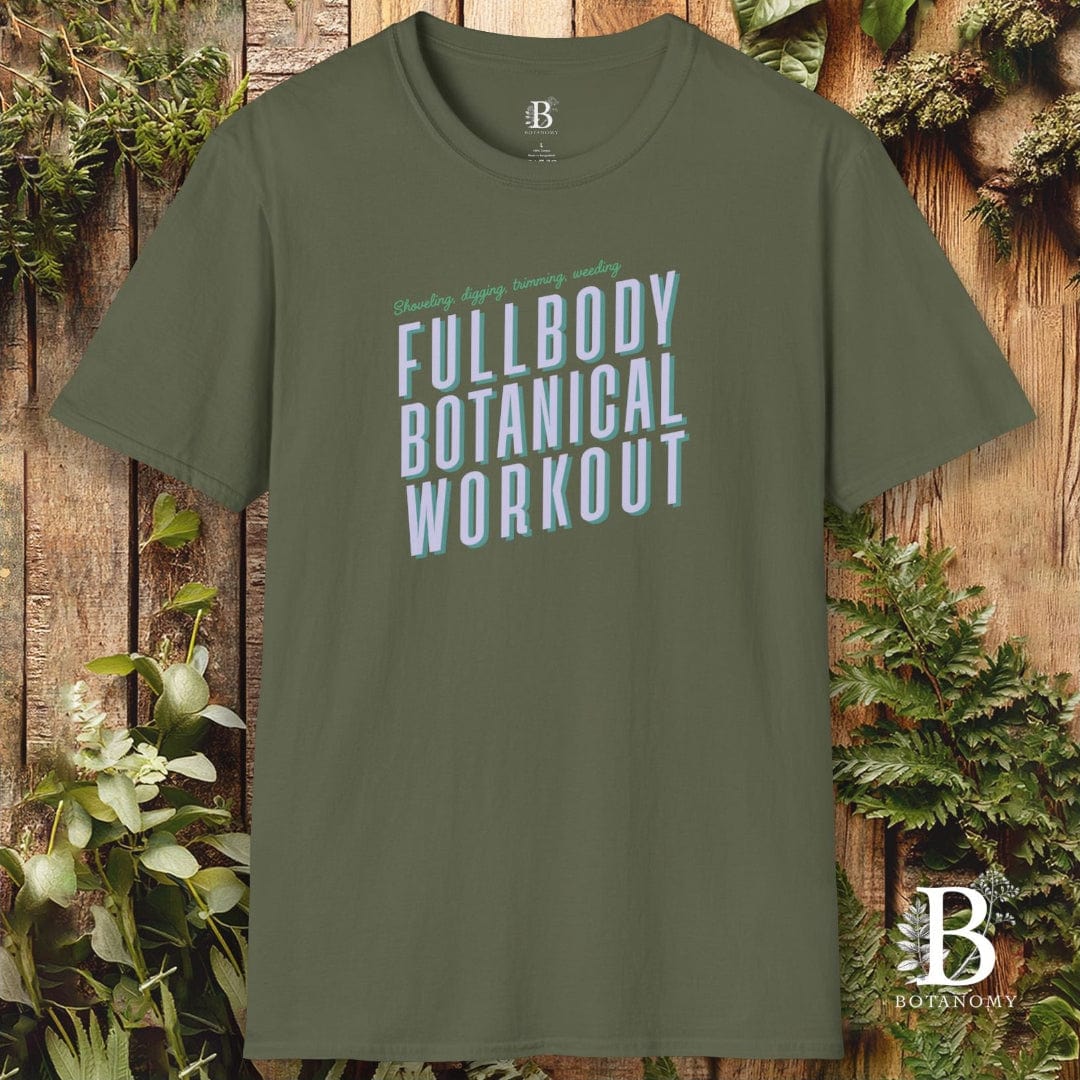 Green t-shirt with 'Fullbody Botanical Workout' text on a wooden background with plants