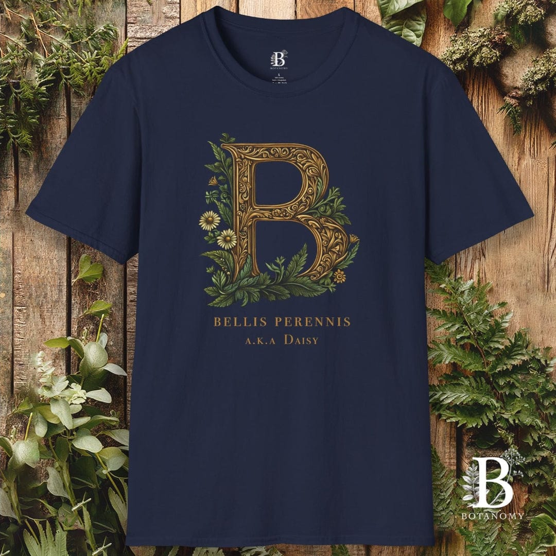 Navy blue t-shirt with floral letter 'B' design on a wooden background