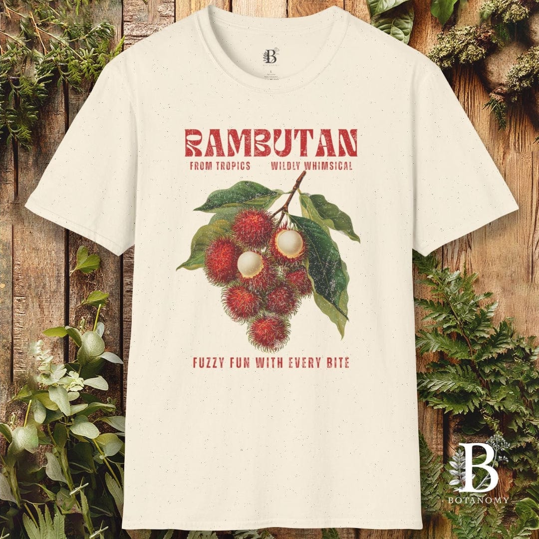 White t-shirt with rambutan graphic and text on a wooden background