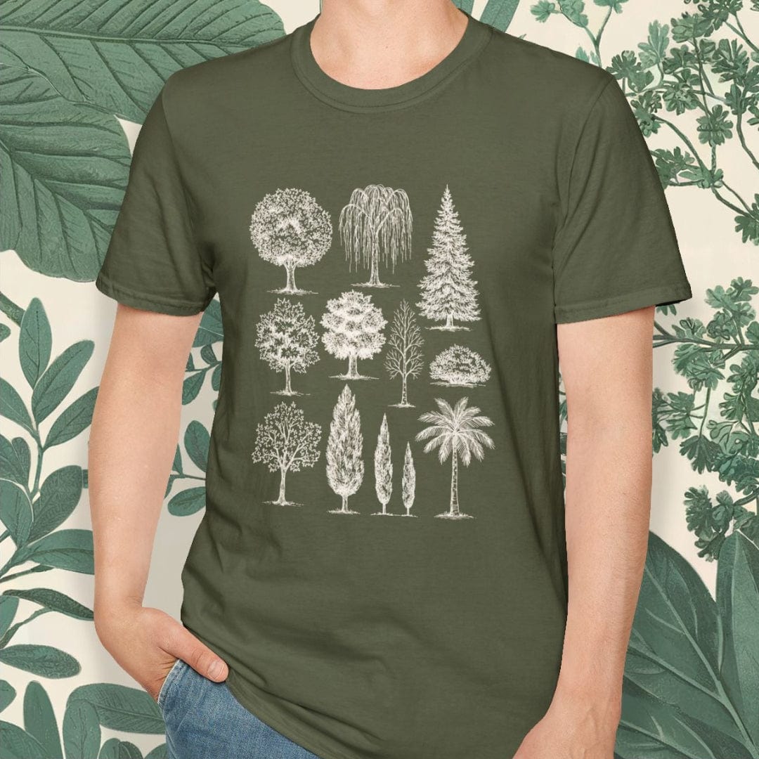 Man wearing a green t-shirt with tree graphics against a leafy background