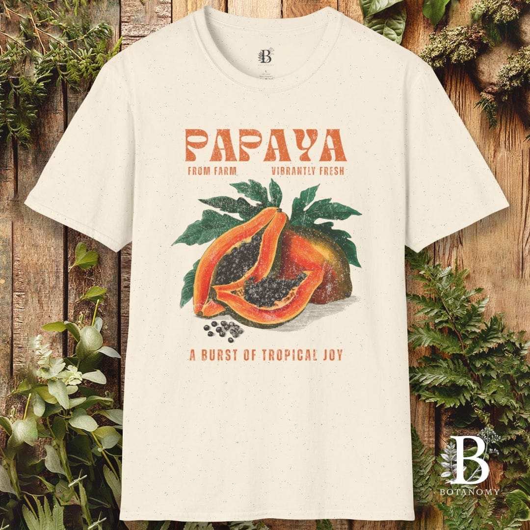 T-shirt with papaya graphic and text on a wooden background
