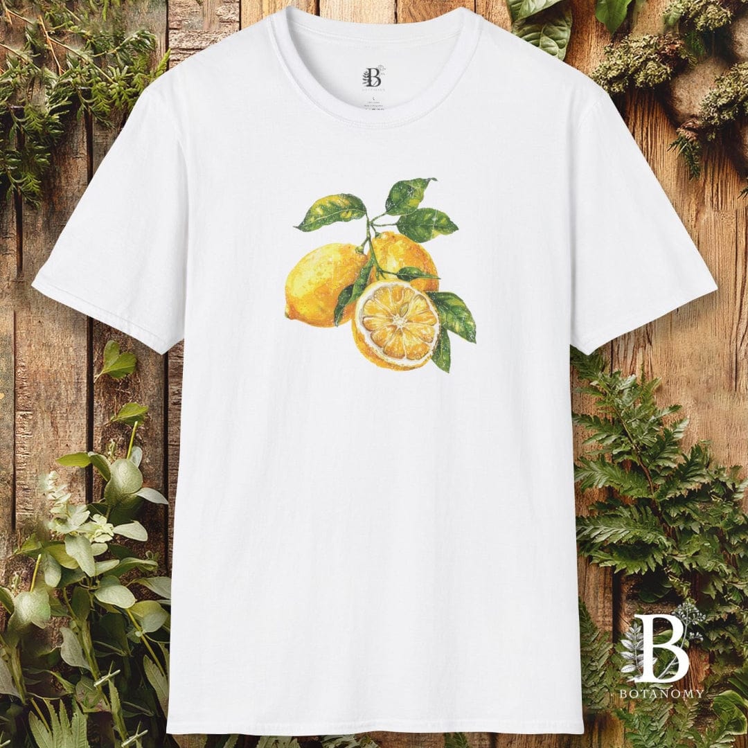 White t-shirt with lemon design on a wooden background