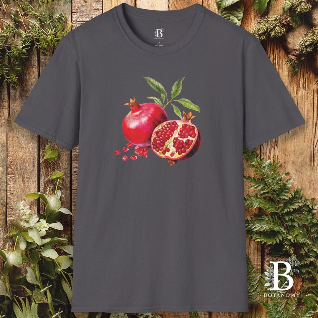 Gray t-shirt with pomegranate design on a wooden background