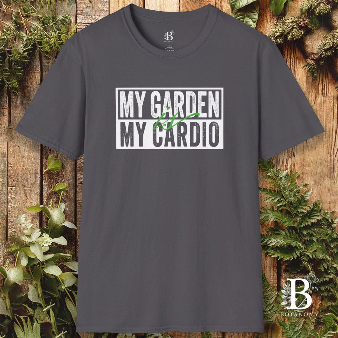 Gray t-shirt with 'My Garden My Cardio' text on a wooden background with plants