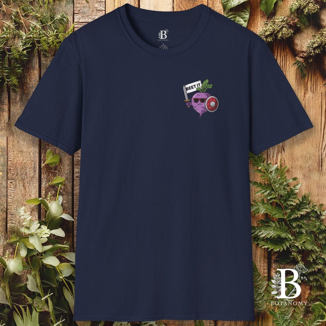 Navy blue t-shirt with a graphic design on a wooden background