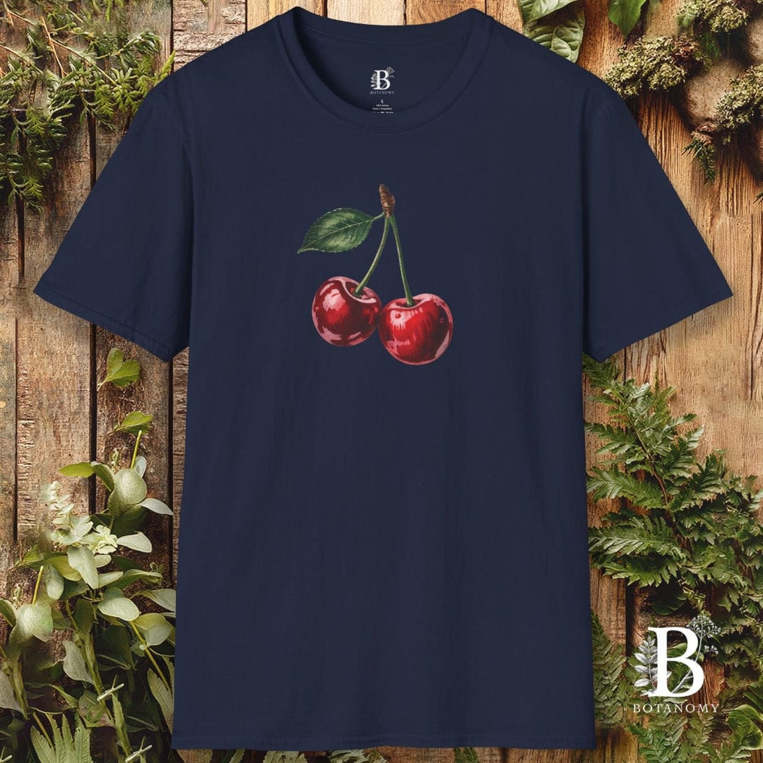 Navy blue t-shirt with cherry design on a wooden background