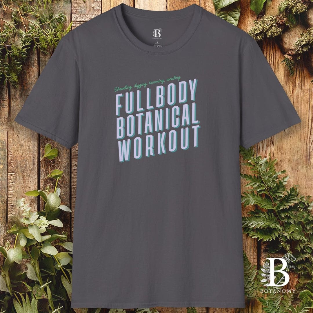 Gray t-shirt with 'Fullbody Botanical Workout' text on a wooden background with plants