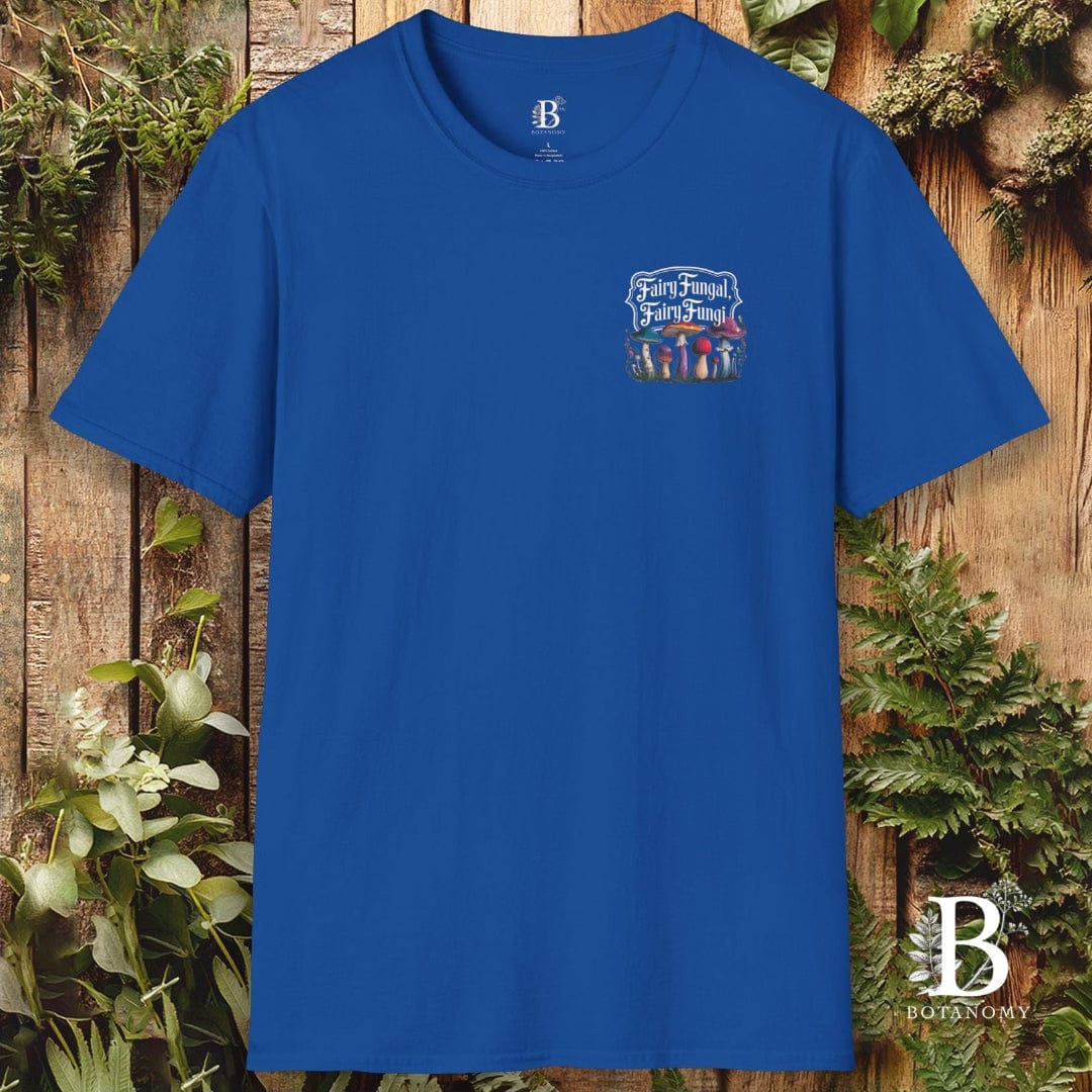 Blue t-shirt with a graphic design on a wooden background