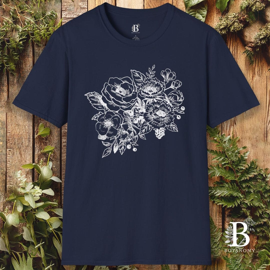 Navy blue t-shirt with floral design on a wooden background