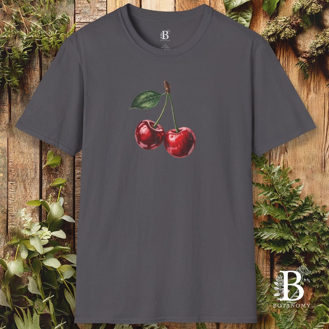 Gray t-shirt with cherry design on a wooden background