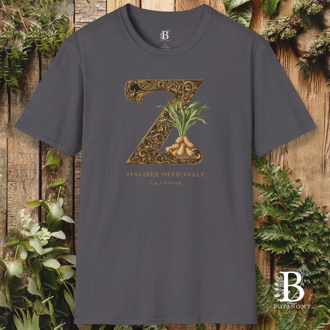 Gray t-shirt with decorative letter 'Z' design on a wooden background