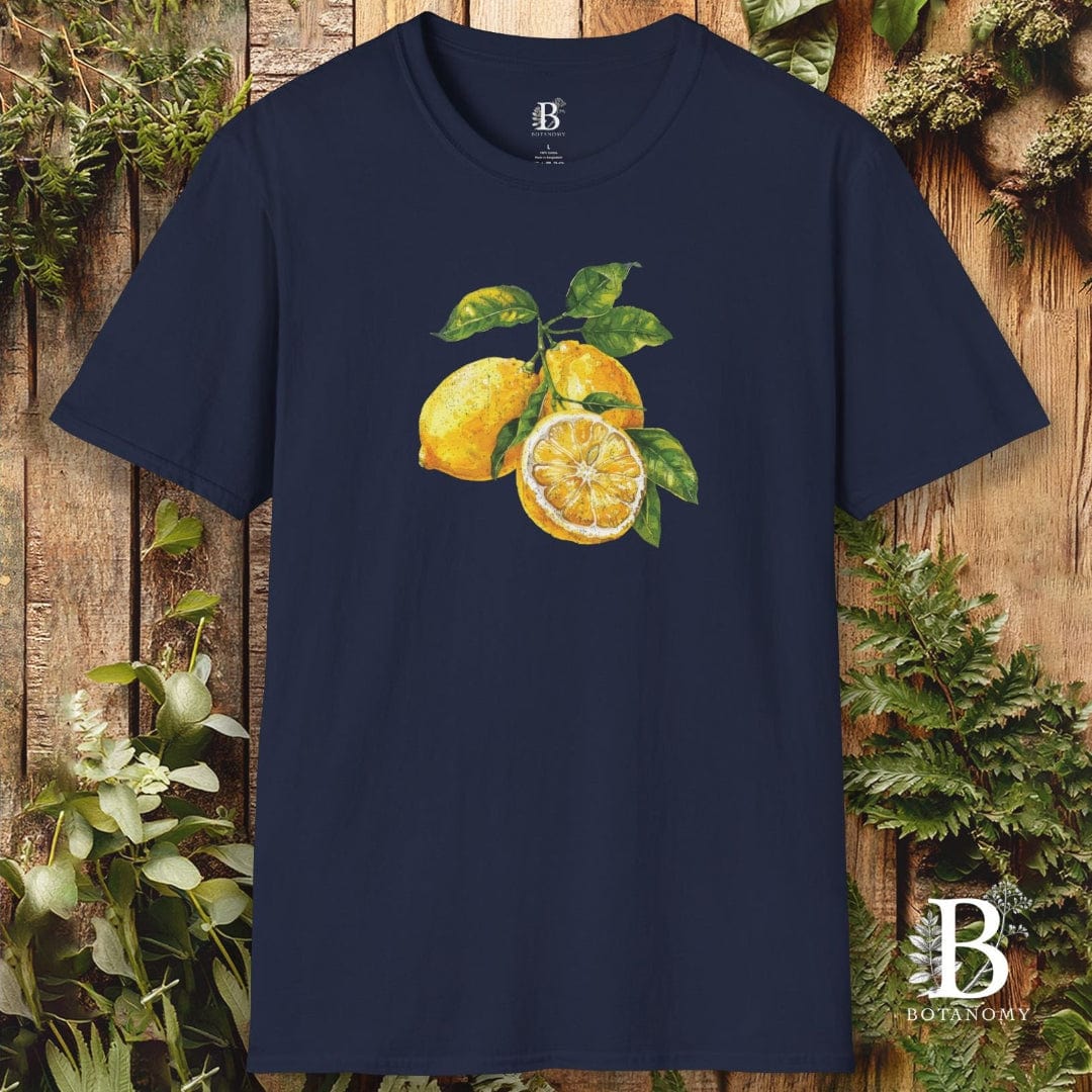 Navy blue t-shirt with lemon design on a wooden background