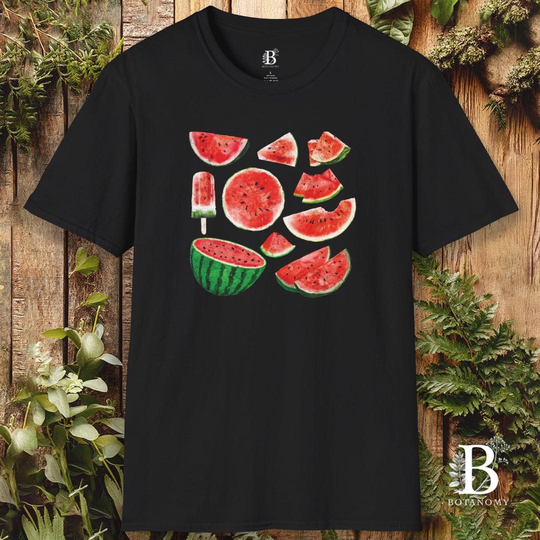 Black t-shirt with watermelon graphics on a wooden background