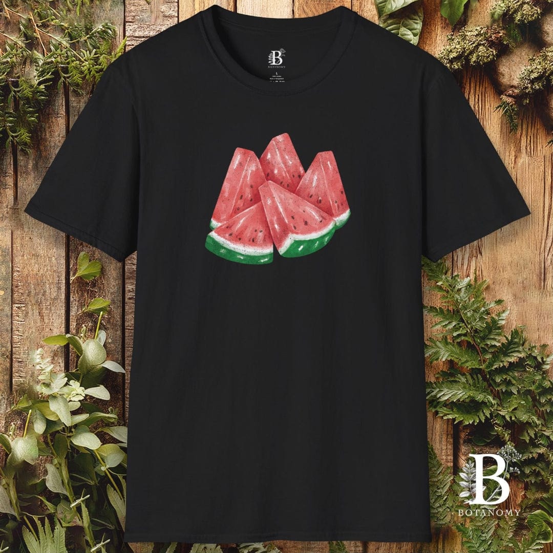 Black t-shirt with watermelon design on a wooden background