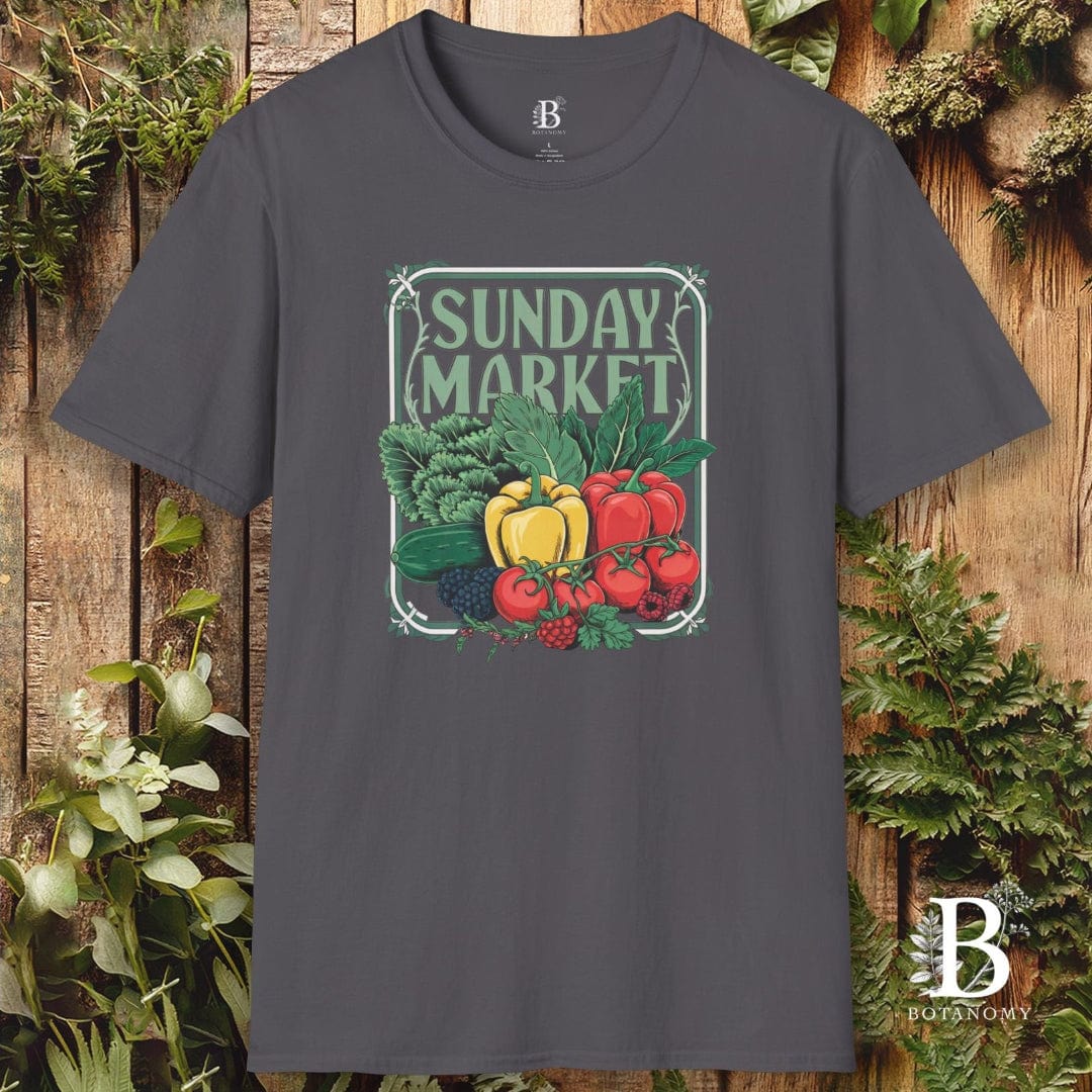 Gray t-shirt with 'Sunday Market' graphic design featuring vegetables on a wooden background.