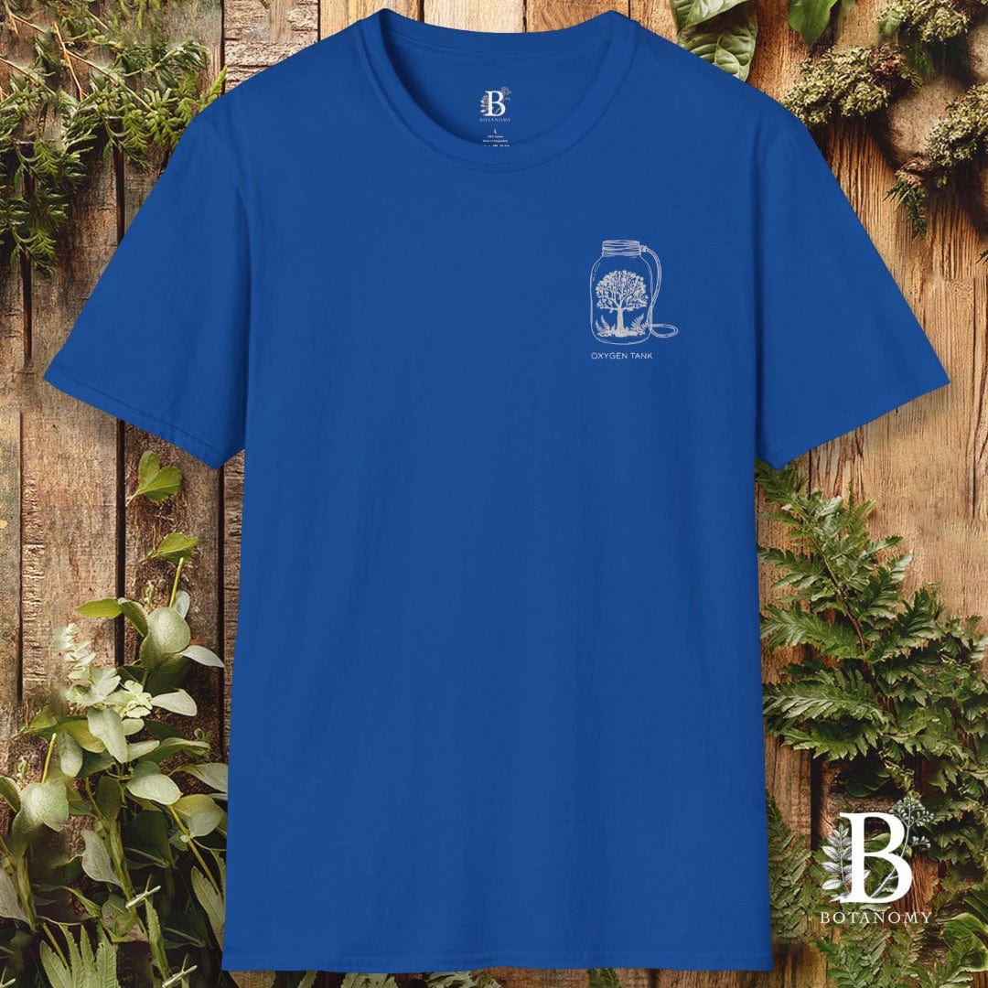Blue t-shirt with a logo on a wooden background