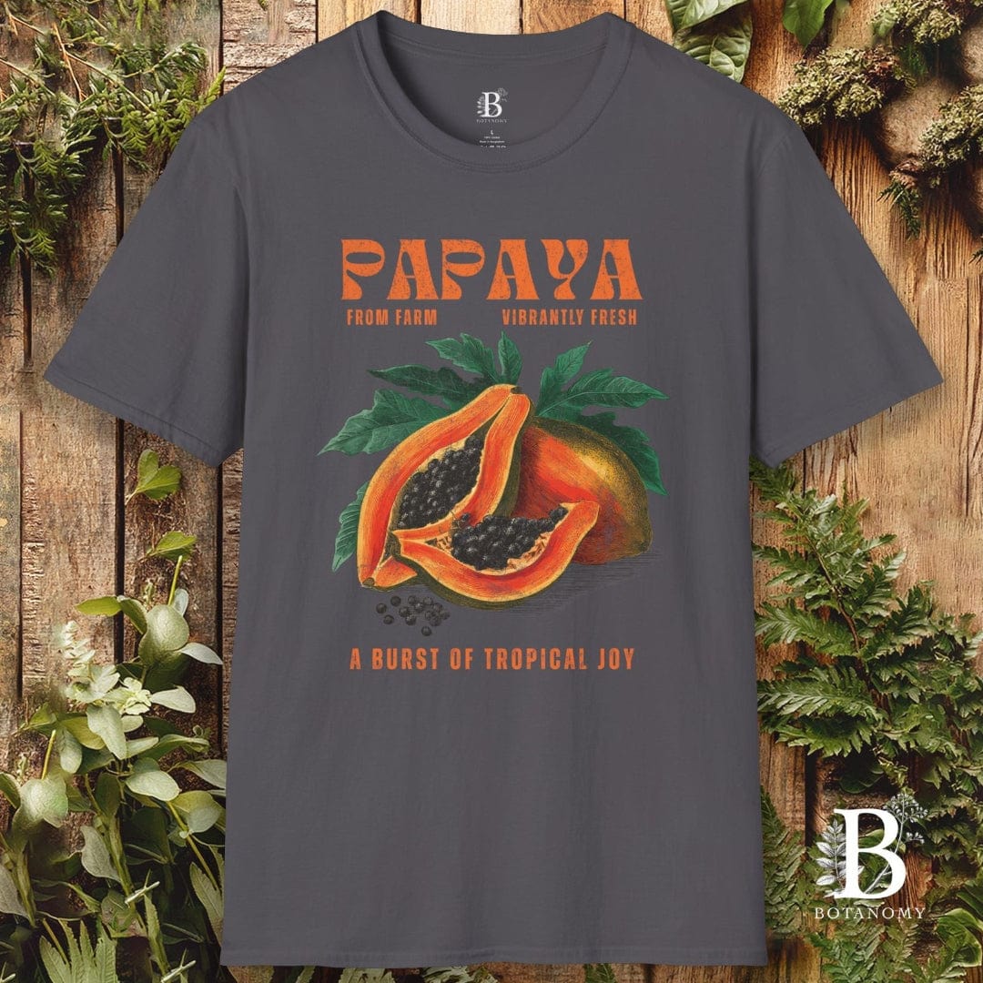 Gray t-shirt with papaya graphic and text on a wooden background