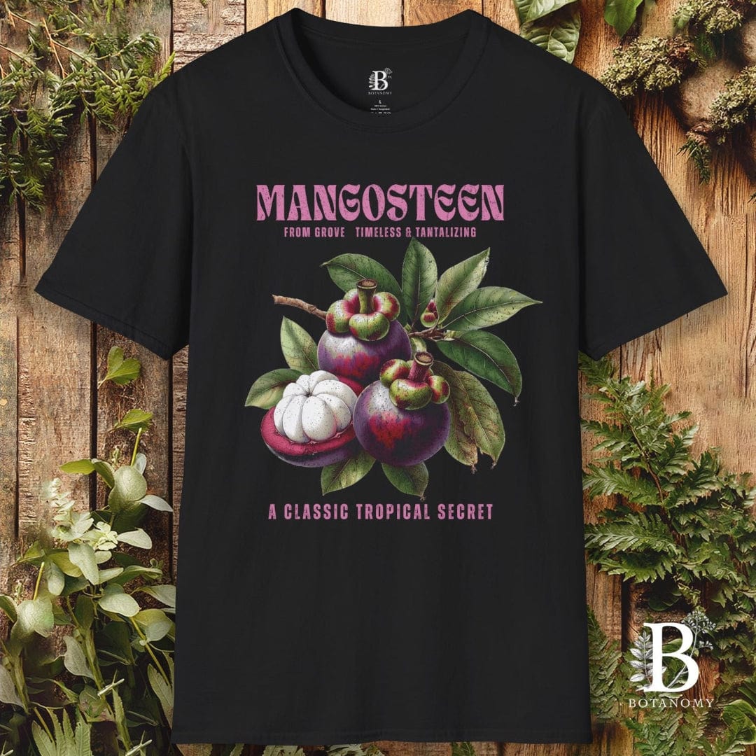 Black t-shirt with mangosteen graphic and text on a wooden background