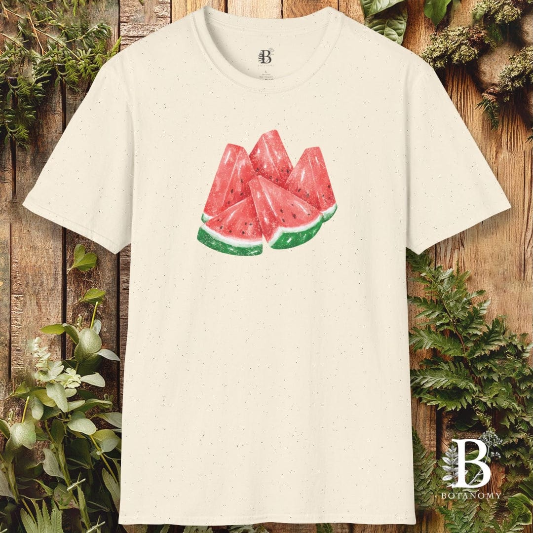 Beige t-shirt with watermelon design on a wooden background
