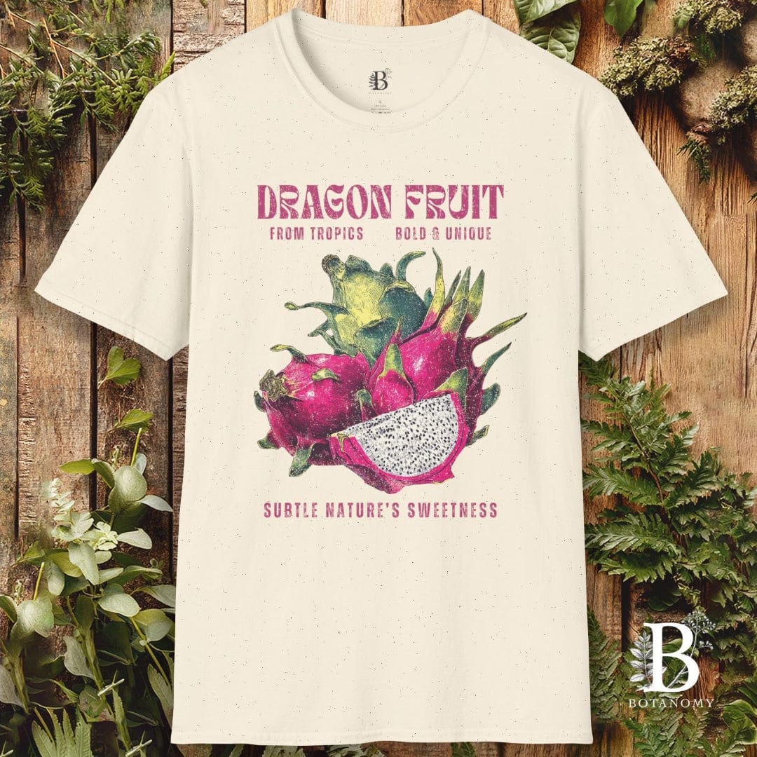 Beige t-shirt with dragon fruit graphic and text on a wooden background