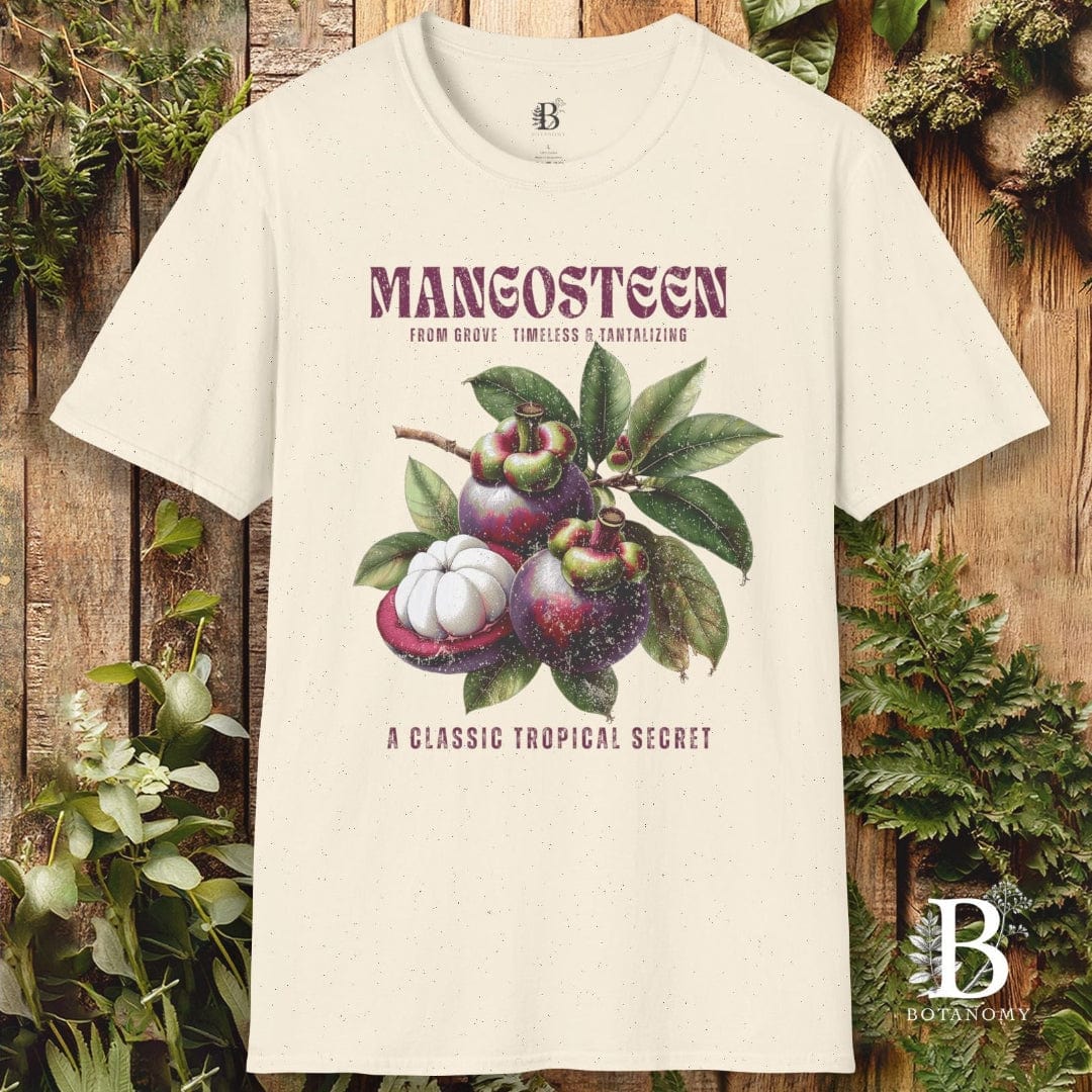 Beige t-shirt with mangosteen graphic and text on a wooden background