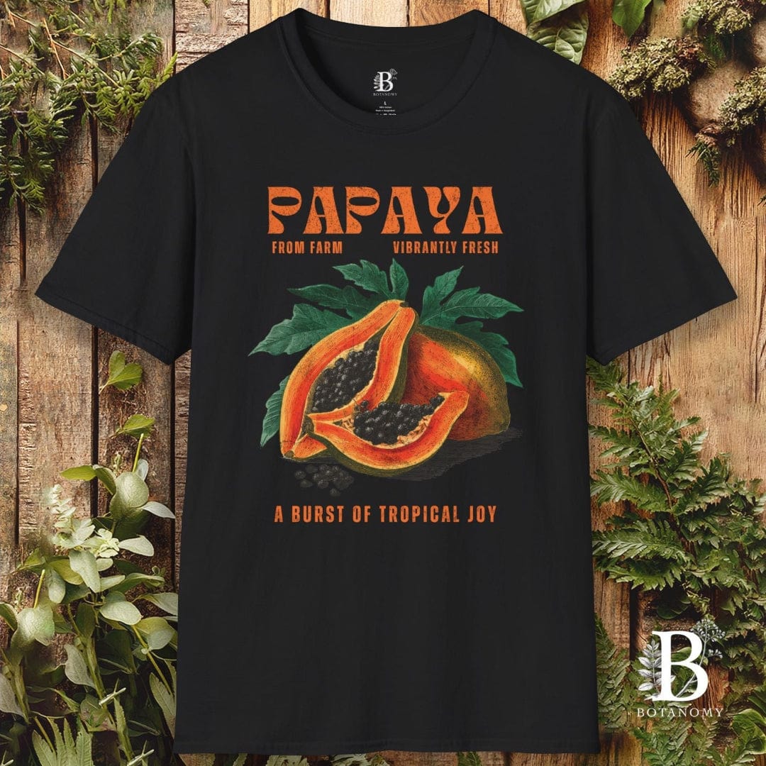 Black t-shirt with papaya graphic and text on a wooden background