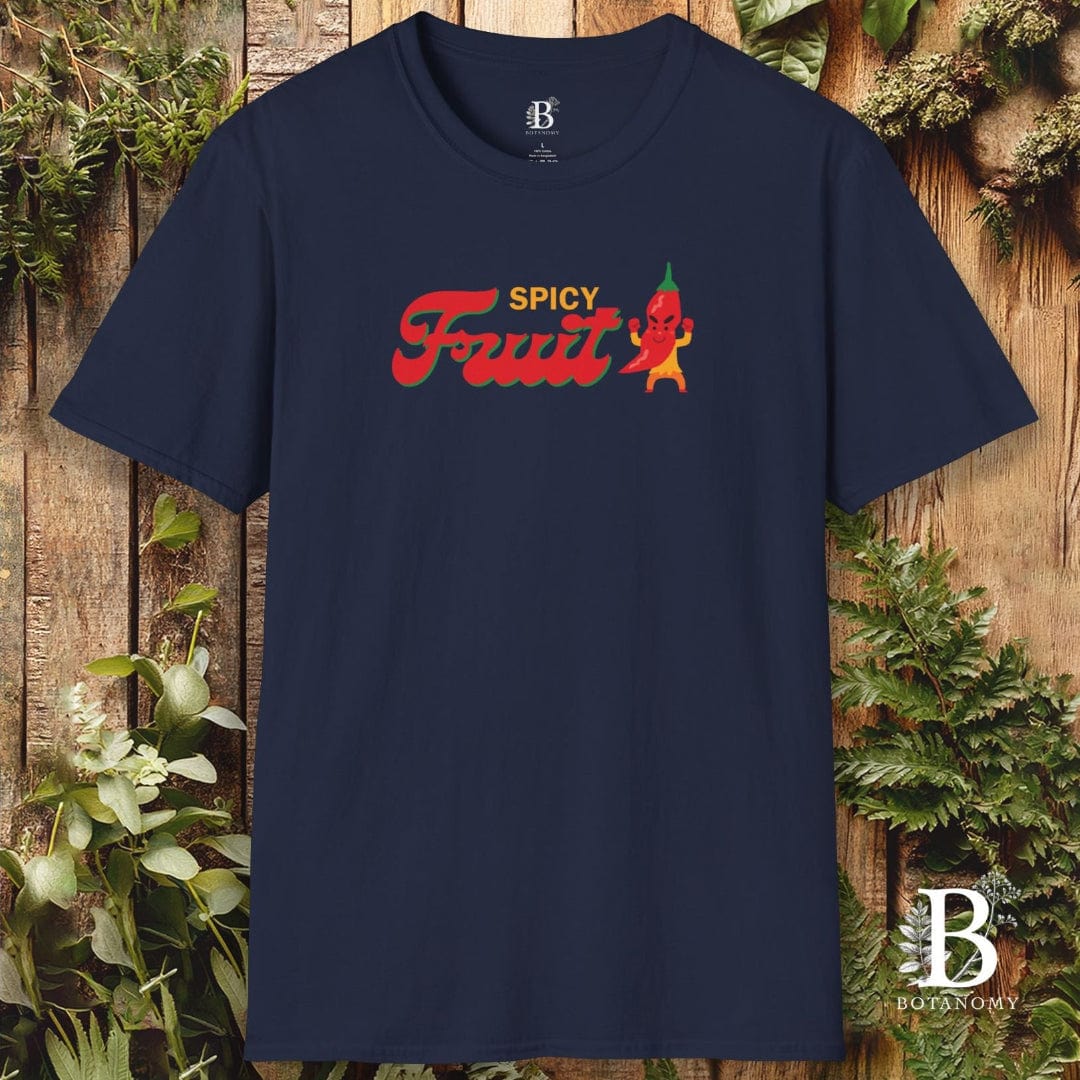 Navy blue t-shirt with 'Spicy Fruit' graphic design on a wooden background