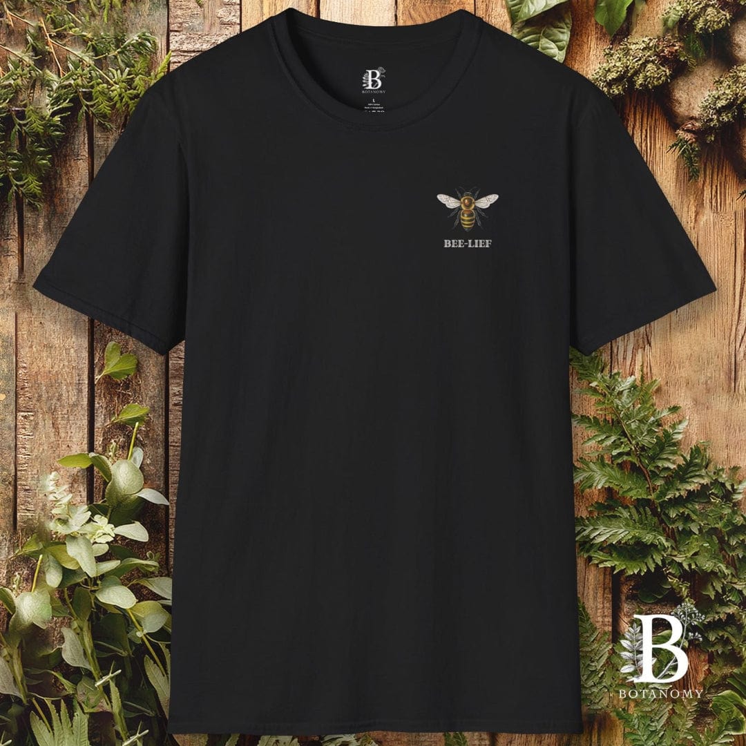 Black t-shirt with a bee design on a wooden background