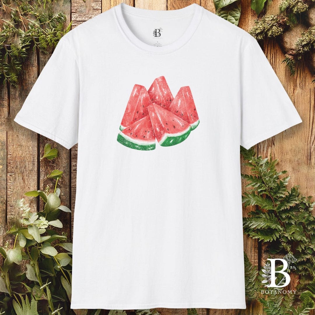 White t-shirt with watermelon design on a wooden background