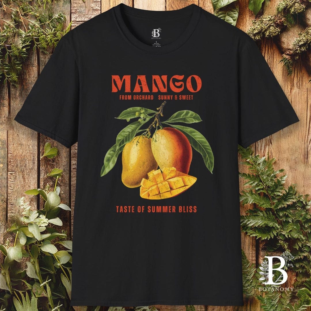 Black t-shirt with mango graphic and text on a wooden background