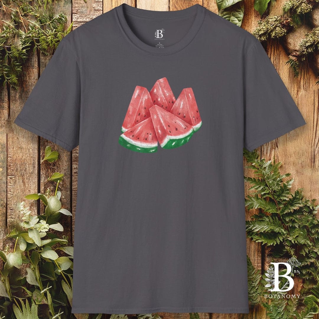 Gray t-shirt with watermelon slice design on a wooden background