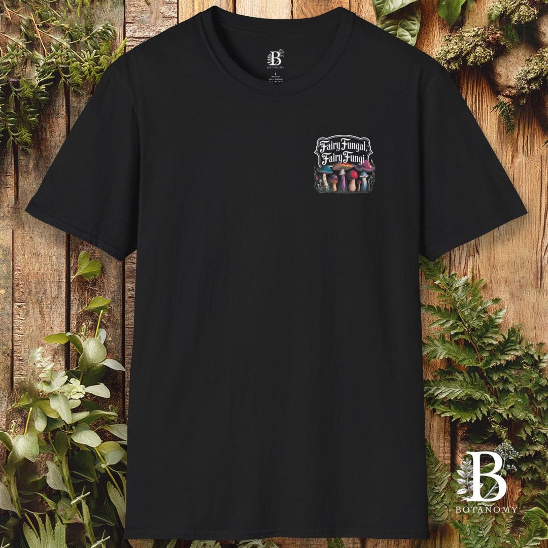 Black t-shirt with a colorful graphic on a wooden background