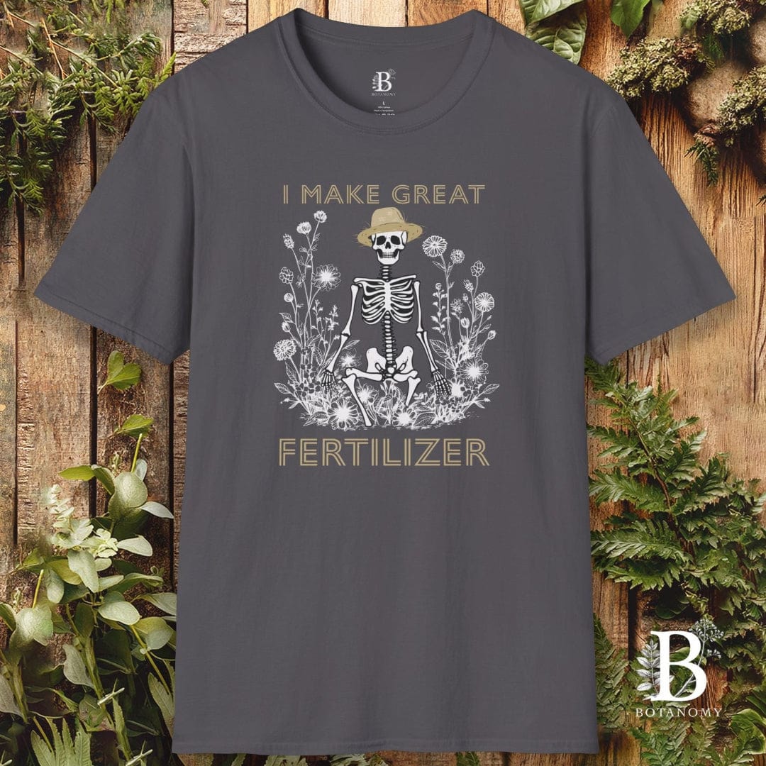 Gray t-shirt with skeleton and text design on a wooden background