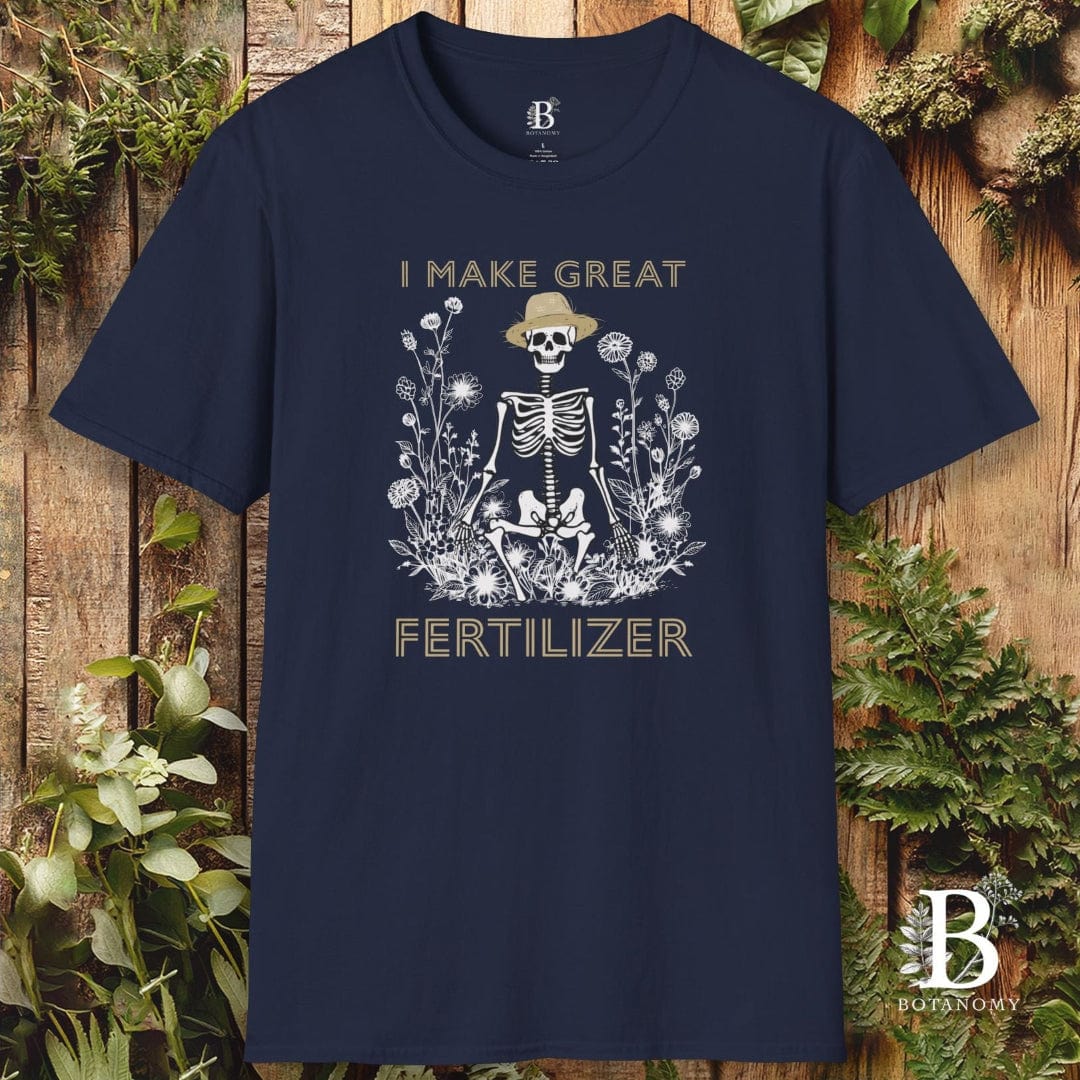 Navy blue t-shirt with skeleton graphic and text on a wooden background