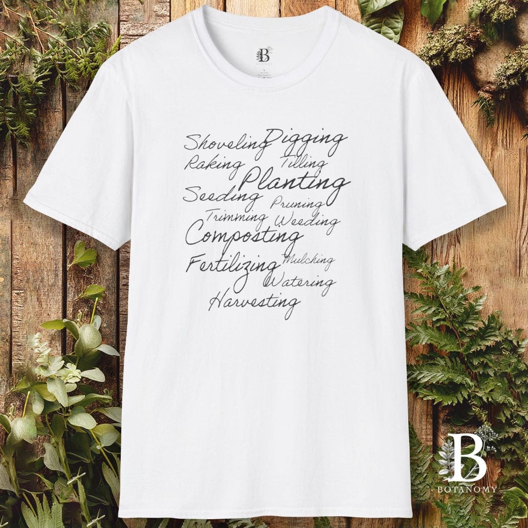 White t-shirt with gardening terms on a wooden background with plants