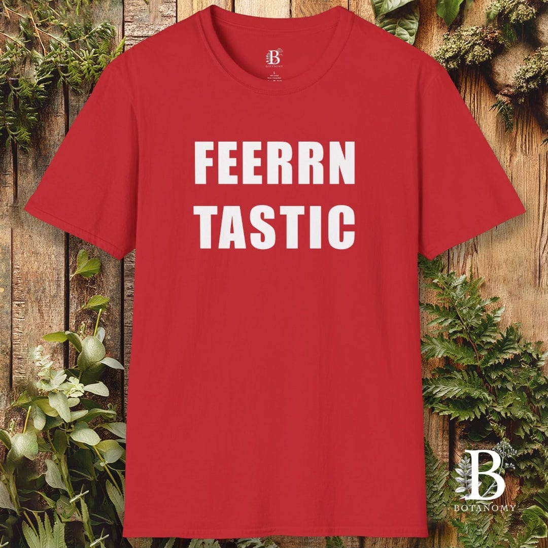 Red t-shirt with 'FEERRN TASTIC' text on a wooden background