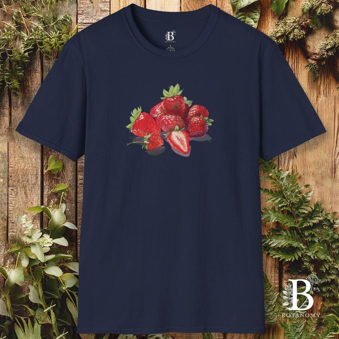 Navy blue t-shirt with strawberry design on a wooden background