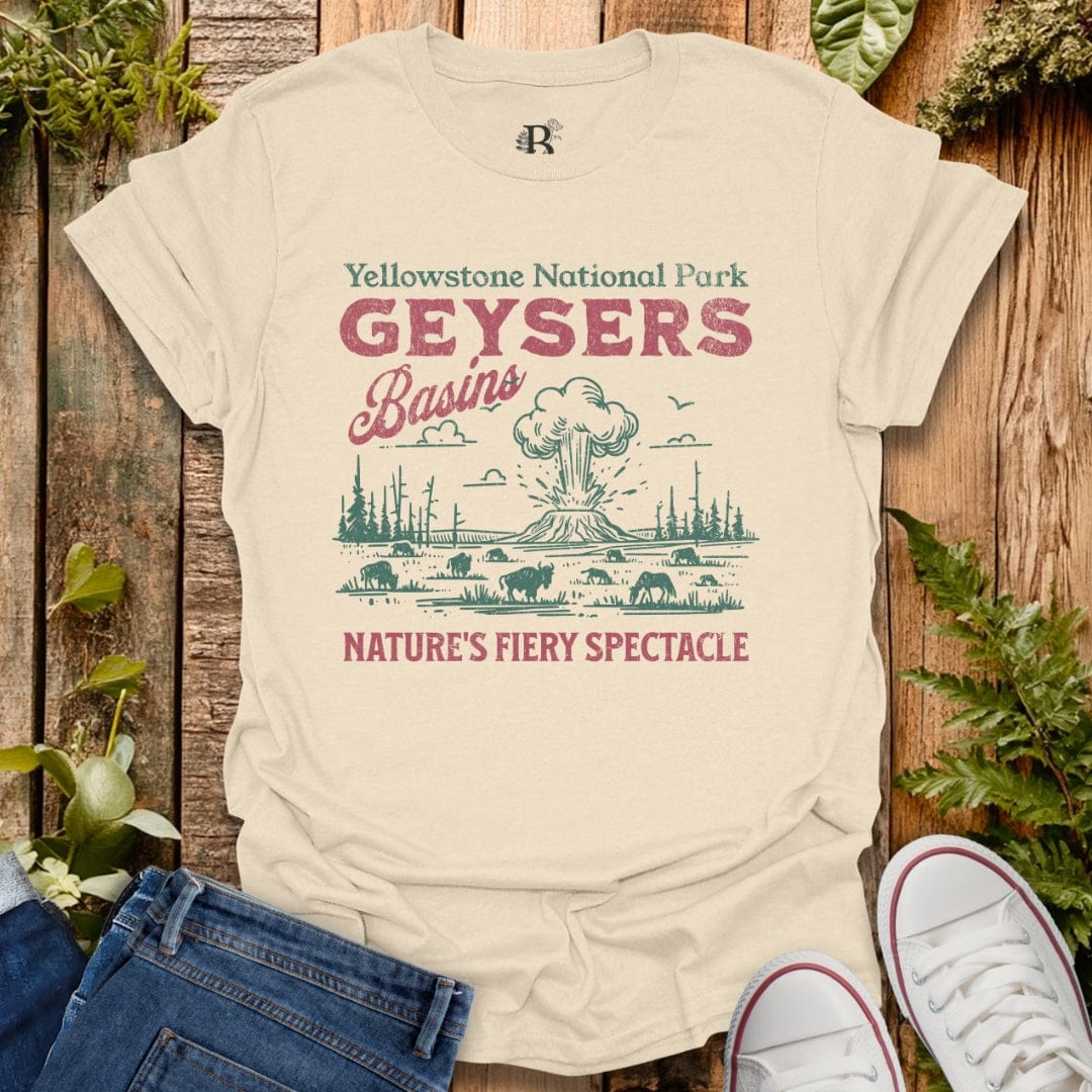 Beige t-shirt with Yellowstone National Park graphic design on a wooden background