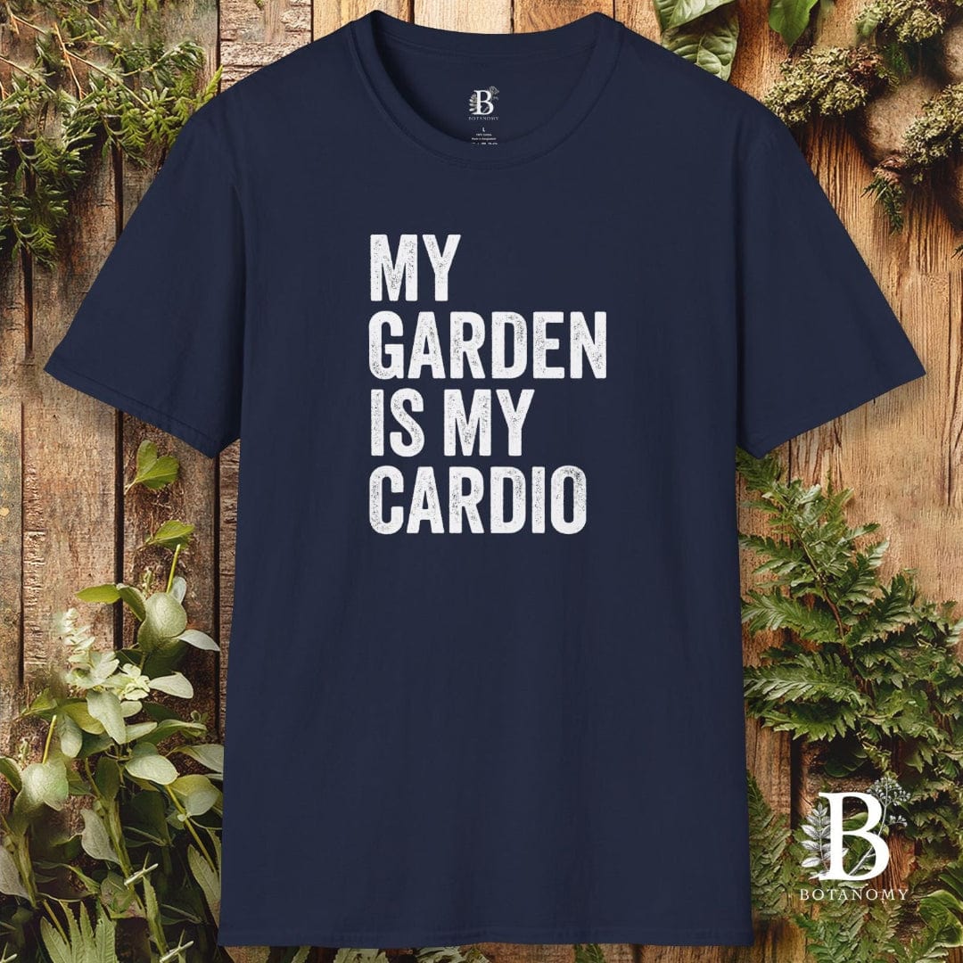 Navy blue t-shirt with 'My Garden is My Cardio' text on a wooden background with plants.