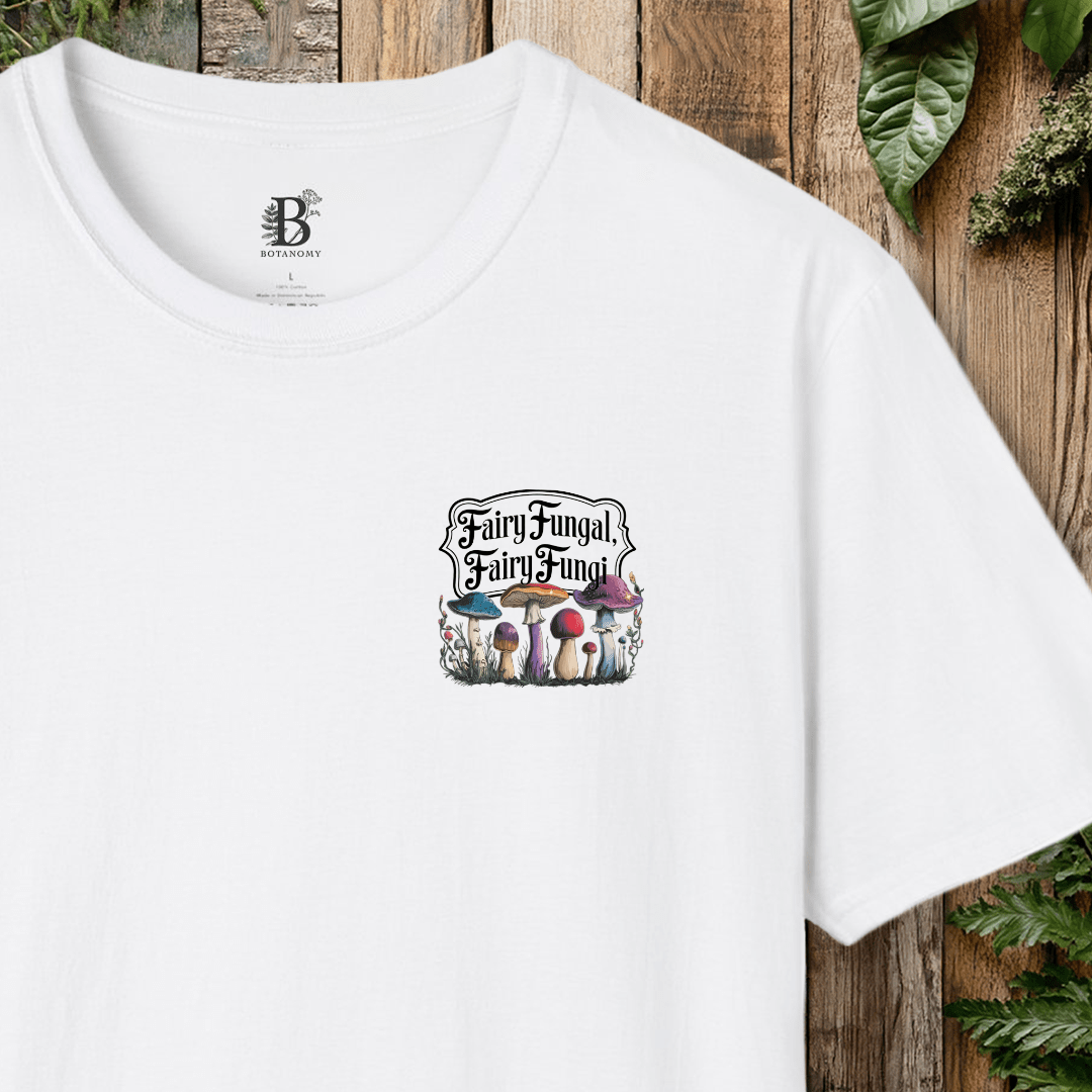 White t-shirt with 'Fairy Fungal' design on a wooden background